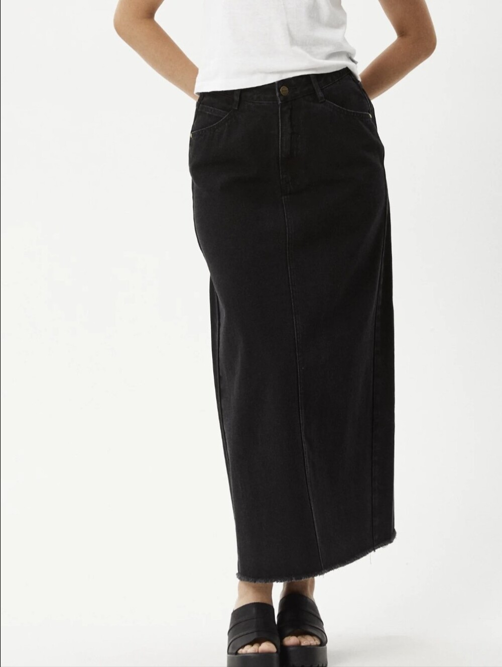 Afends Black Midi Denim Skirt with Raw Hem